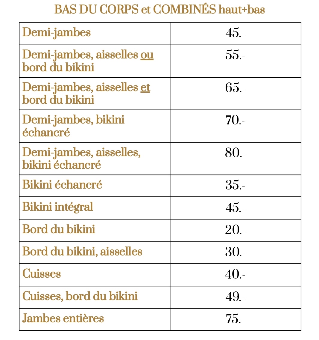 Tarifs épilation cire BAS du corps+combinés haut+bas-2024 Tarifs épilation cire BAS du corps+combinés haut+bas-2024