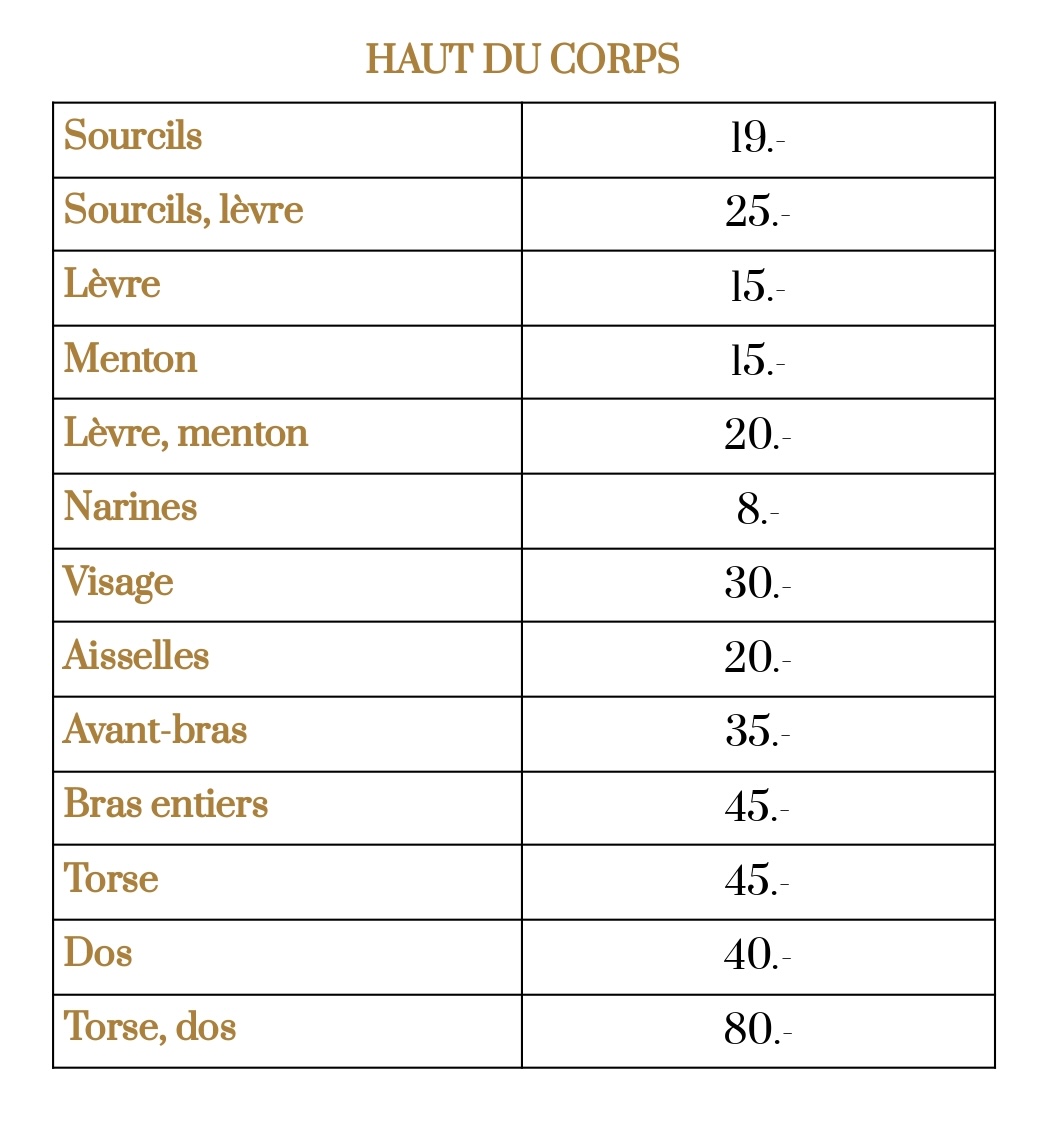 Tarifs épilation cire haut du corps-2024 Tarifs épilation cire haut du corps-2024